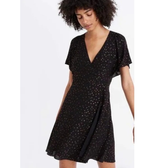 Madewell Black Cape Sleeve Metallic Dots Faux Wrap Cocktail Mini Dress Size 2 - Picture 2 of 14